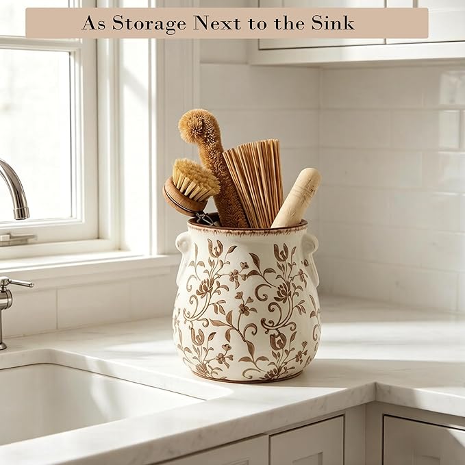 Utensil Holder for Kitchen Counter, Modern Farmhouse Rustic Cooking Utensil Holder and Crock, Exquisite Chinoiserie Floral Ceramic Utensil Organizer for Home Kitchen Decor- Brown Flower Patterns