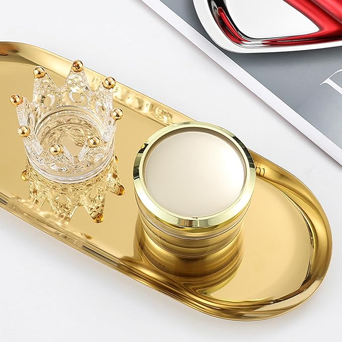 2 PCS Gold Stainless Steel Decorative Tray, 7-Inch Oval Jewelry Dish and Vanity Organizer for Bathroom, Towels, and Small Items