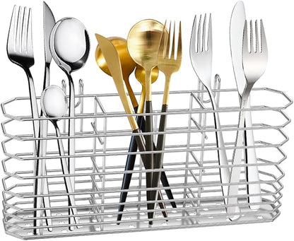 Stainless Steel Cutlery Hanging Basket for Knife Fork Spoon, Quick Drying Compartmental Utensil Drainage Rack, Rustproof Hollow Out Utensil Drying Basket for Kitchen