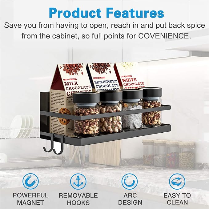 Magnetic Spice Rack, Strong Magnetic Shelf with 2 Removable Hooks, Perfect Space Saver for Small Kitchen/Apartment, Awesome Metal Cabinet for Holding Spices, Jars, Bottle, Beverage(Black)