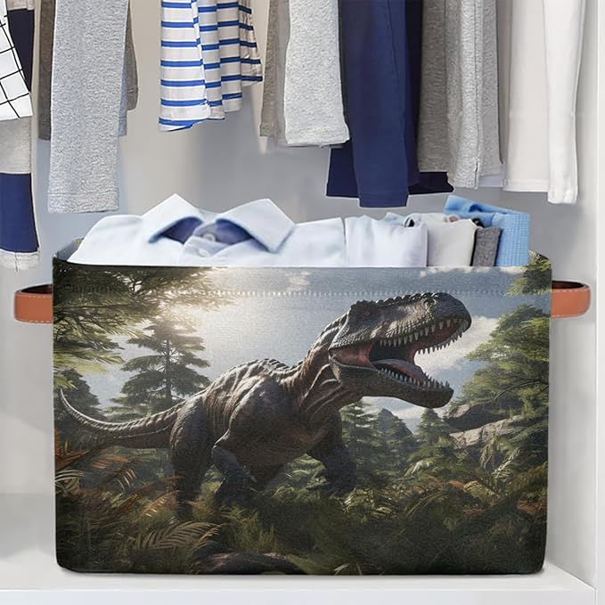 AUUXVA Storage Basket Giant Jurassic Dinosaur Storage Cube Box Durable Canvas Collapsible Toy Basket Organizer Bin with Handles for Shelf Closet Bedroom Home Office