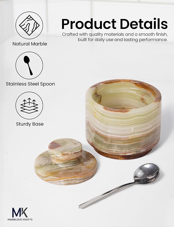 MARBLOUS KRAFTS Marble Salt Cellar with Lid & Spoon 3" Green Onyx Seasoning Container, Spice Holder, and Salt Bowl for Countertop, Perfect for Kitchen Storage, Sugar Jar, and Gift for Her