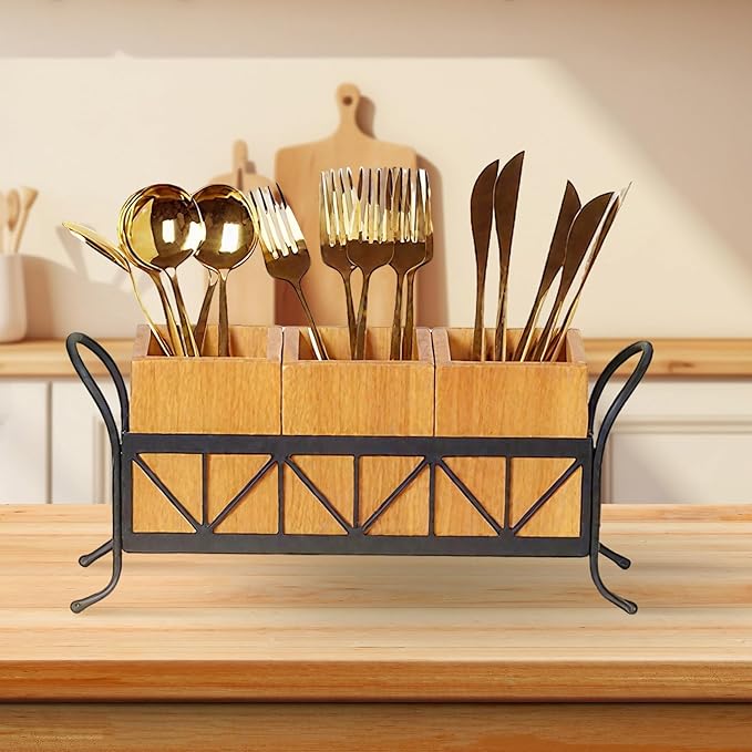 Garvee Acacia Wood Utensil Holder, Waterproof Wooden Flatware Caddy Silverware Holder with 3 Detachable Compartments & Handles, Fork Spoon Knife Organizer for Party BBQ