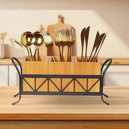 Garvee Acacia Wood Utensil Holder, Waterproof Wooden Flatware Caddy Silverware Holder with 3 Detachable Compartments & Handles, Fork Spoon Knife Organizer for Party BBQ