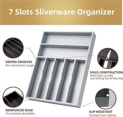 Besilord Silverware Organizer 13 Inch Gray Bamboo Kitchen Drawer Organizer 7 Slots Utensil Organizer Silverware Holder Cutlery Organizer Flatware Tray (Large)