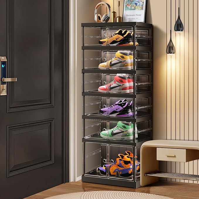 CIMLORD 6 Tier Foldable Shoe Rack for Closet Entryway 6-12 Pairs Stackable Clear Shoe Storage Boxes with Lids Shoes Shelf with Door Plastic Organizer Cabinet Easy Assembly Black