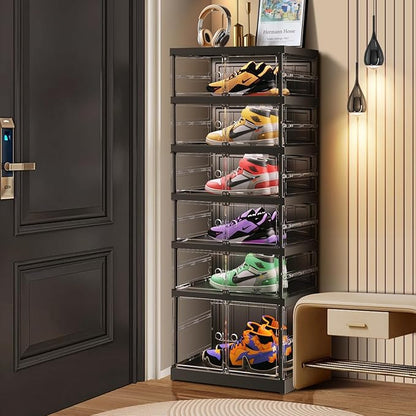 CIMLORD 6 Tier Foldable Shoe Rack for Closet Entryway 6-12 Pairs Stackable Clear Shoe Storage Boxes with Lids Shoes Shelf with Door Plastic Organizer Cabinet Easy Assembly Black