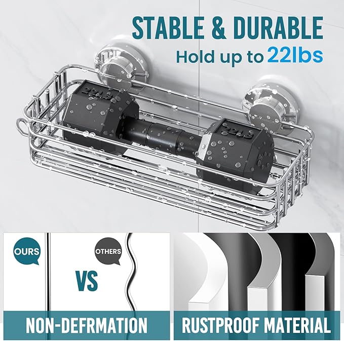 TAILI Shower Caddy Suction Cup, 3 Pack Shelves for Inside with Hooks & Soap holder Toothbrush Cups, Removable Bathroom Organizer, Rustproof Silver Holder Storage-Silver