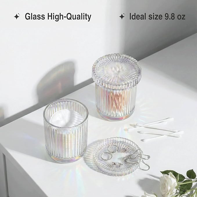 2 Pack Qtip Holder - Apothecary Jars with Lids, Bathroom Organizers and Storage Canister for Cotton Balls,Swabs,Floss Picks,Hair Ties,Clear Glass Vintage Bathroom Decor Jar Set (Iridescent)