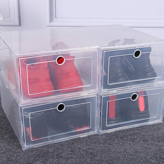 Housoutil 4pcs Pp Plastic Shoe Storage Boxes Drawer-style Stackable Shoe Organizer for Home Closet and Entryway
