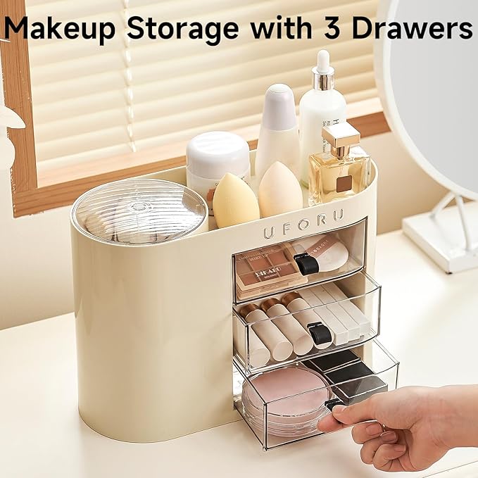 UFORU Makeup Organizer with Pop-Up Brush Holder for Dresser Vanity, Plastic Bathroom Counter Organizer with 3 Drawers & Dust-Proof Cover, Cosmetic Display Case for Lipstick, Skincare, Cream White