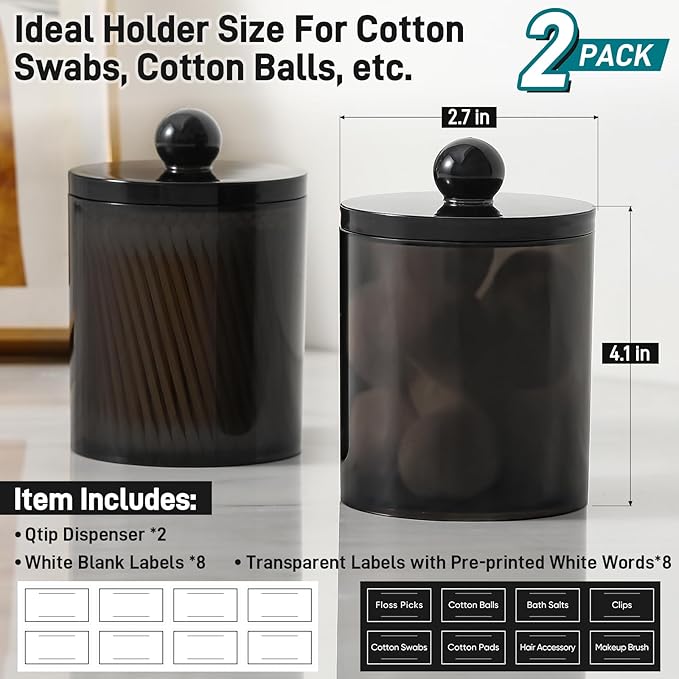 2 Pack Acrylic Qtip Holder Dispenser for Cotton Swabs, Balls, Pads, Floss Picks- Clear Plastic Canister Apothecary Jar Set, Bathroom Essentials Accessories Decor Vanity Makeup Storage Organizer -Black