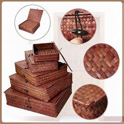 5 Pcs Seagrass Basket with Lid 5 Sizes Decorative Storage Boxes Rattan Wicker Storage Basket with Lids Woven Organizer Baskets Multipurpose Flat Storage Bins for Shelf Closet Bedroom (Dark Brown)