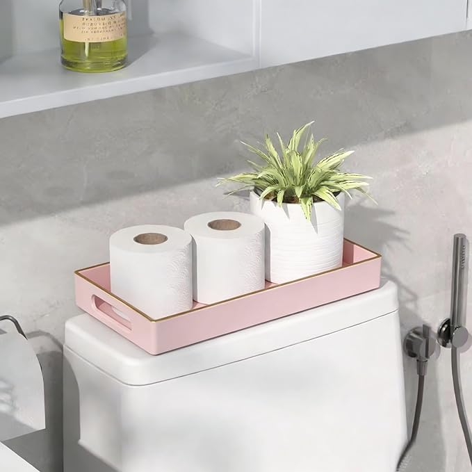 Pink Bathroom Counter Tray - Small Plastic Vanity Tray Bathroom Tray for Countertop,Multi-Purpose Bathroom Tray Countertop Organizer for Makeup,Perfumes,Jewelry,Candles,Waterproof and Easy to Clean