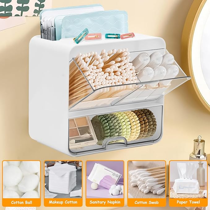 Wall Mounted Pad and Tampon Holder, Feminine Product Organizer With Drawer and Lid Wall Mounted Qtip Holder, Cotton Pad Holder for Cotton Swab, Makeup Pads, Hair Clips