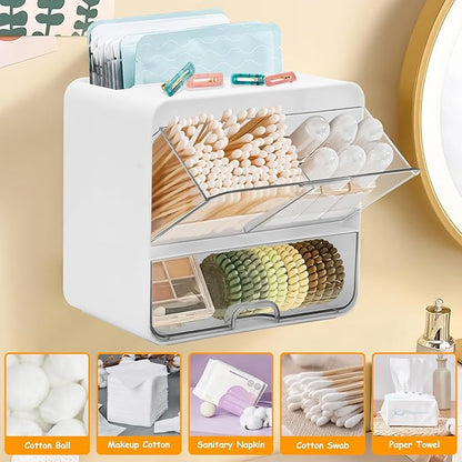 Wall Mounted Pad and Tampon Holder, Feminine Product Organizer With Drawer and Lid Wall Mounted Qtip Holder, Cotton Pad Holder for Cotton Swab, Makeup Pads, Hair Clips