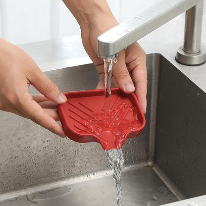 MicoYang Silicone Bathroom Soap Dishes with Drain Spout-Bathroom and Kitchen Sink Organizer,Sponge Holder,Dish Soap Tray,Perfect for Dispenser,Scrubber,Bottle,Cup on Sink or Counter-Red 4.9"×3.2"