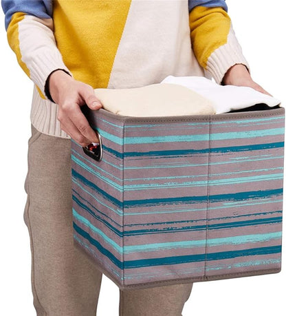 6 Cube Storage Bins Teal Stripes Gradient Lines 10.5x10.5x11 Inch Foldable Whale Coastal Print Fabric Half Storage Basketes for Home Organizers Storage Drawer,QY-SC12-6