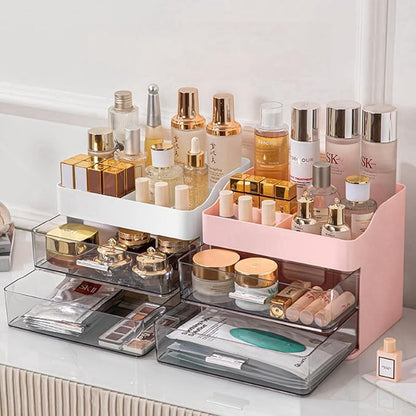 Makeup Organizer for Vanity,Vanity Organizer with 2 Drawers,Makeup&Skincare Organizers Countertop,Cosmetic Display Case,Vanity Storage Box(White)