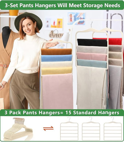 Pants Hangers Space Saving,Organization and Storage for Dorm Room Essentials for College Students Girls,Non-Slip Velvet Hangers,Multifunctional Pant Hanger Closet Organizer for Trousers Scarf-3 Pack