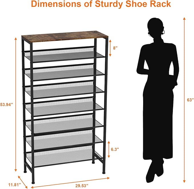 Large Shoe Rack 8 Tier Shoe Organizer, Heavy Duty Metal Shoe Storage Vertical Shoe Rack for Closet Front Door Entrance, Up to 28 Pairs, Top Wooden Storage Shelf, Black
