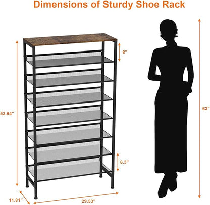 Large Shoe Rack 8 Tier Shoe Organizer, Heavy Duty Metal Shoe Storage Vertical Shoe Rack for Closet Front Door Entrance, Up to 28 Pairs, Top Wooden Storage Shelf, Black