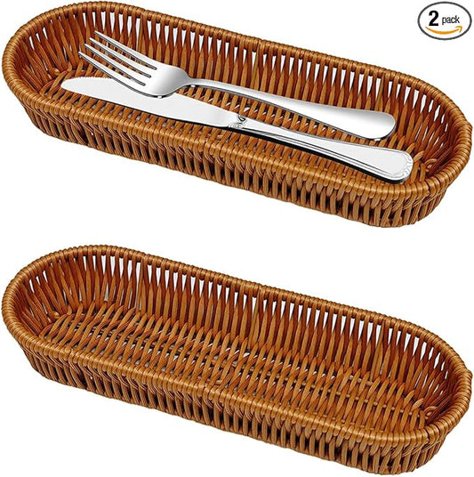 Storage Basket Small, 2 Pack Silverware Organizer Basket, Flatware Organizer for Drawer, Small Narrow Bread Baskets, Stackable Wicker Storage Baskets for Spoons Forks Knives Stationery (Oval)