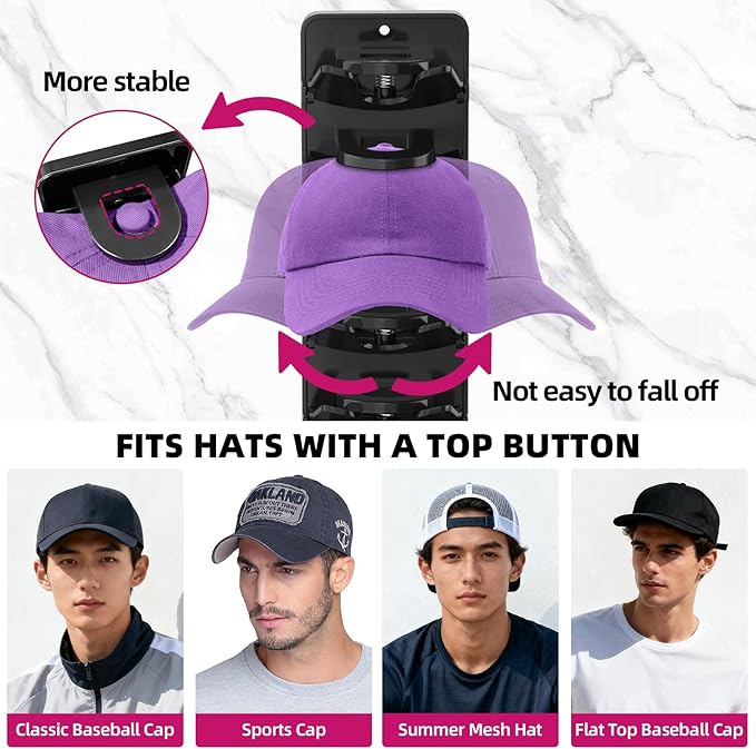 Spring Clip Hat Organizer for Baseball Caps – 2 Pack, Wall Hat Rack for Door & Closet – Keeps 20 Hats Tidy in Entryway, Dorm, Bedroom – Multi-Layer Cap Storage (Adhesive or Screws)