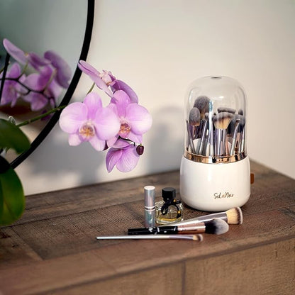Rotating Makeup Brush Holder with Lid – Dustproof Vanity Organizer for Makeup Brushes, Bonus Foldable Makeup Brush Cleaner Bowl Included, Elegant White Storage Solution