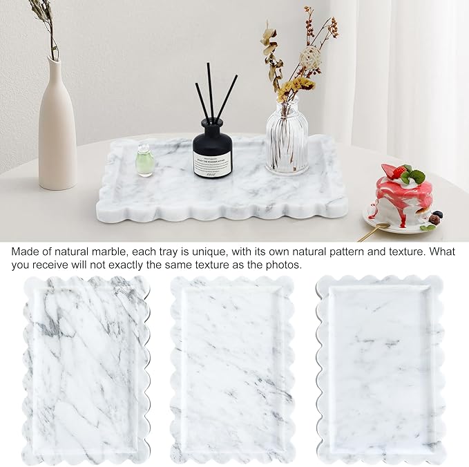 Real Natural Scalloped Marble Tray for Bathroom, Vanity, Kitchen and Desktop, Decorative Stone Tray for Jewelry, Cosmetics, Candles, Lotion, Perfume and Home Decor (12" L x 8" W)