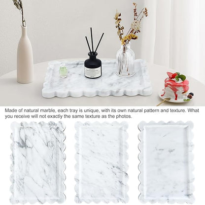 Real Natural Scalloped Marble Tray for Bathroom, Vanity, Kitchen and Desktop, Decorative Stone Tray for Jewelry, Cosmetics, Candles, Lotion, Perfume and Home Decor (12" L x 8" W)