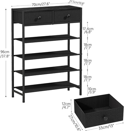 Shoe Rack, 5 Tier Shoe Organizer with 2 Drawers, Metal Shoe Storage for 16-20 Pairs of Shoes with Fabric Shelves and Wooden Top, Narrow Shoe Shelf for Closet Entryway Black