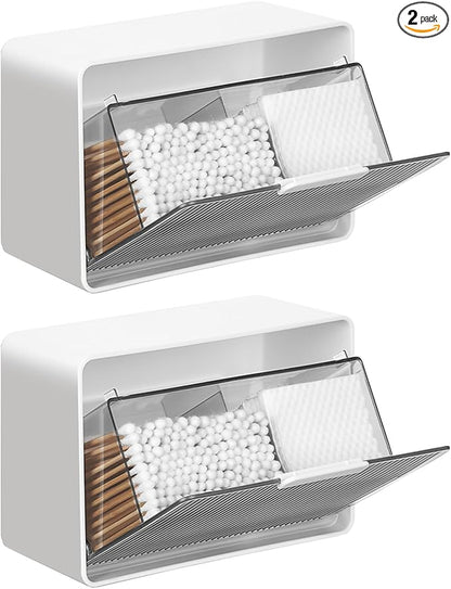 Qtip Holder, 2 Pack Wall Mount Qtip Holder Organizers for Bathroom Cotton Swabs, Balls, Cosmetic Cotton Pads, Dental Floss Storage - WhiteGrey