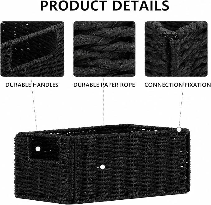 Small Wicker Baskets, Wicker Woven Storage Basket Toilet Paper Baskets with Handles, Towel Basket for Bathroom Organizing Shelves (Black)