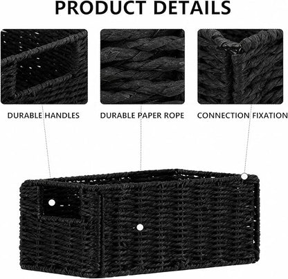 Small Wicker Baskets, Wicker Woven Storage Basket Toilet Paper Baskets with Handles, Towel Basket for Bathroom Organizing Shelves (Black)