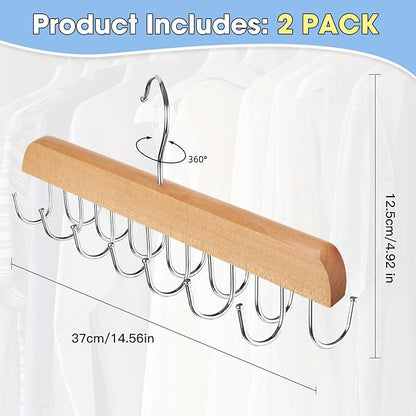 Hat Hangers for Closet, 2 Pack Hat Organizer for Baseball Caps with 14 Hooks Space Saving Hat Racks Ball Caps Hat Holder Organizer Tie Belt Hanger for Closet Storage Solution (Wood)