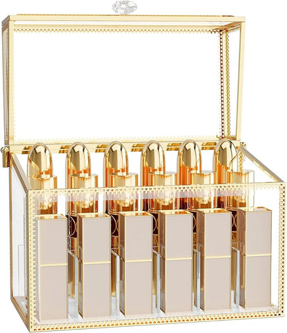 CoralHouse Lipstick Organizer,Luxury Tempered Glass Lipstick Holder & Nail Polish Organizer, 18-Slot Vanity Cosmetic Organizer with Removable Dividers, Gold