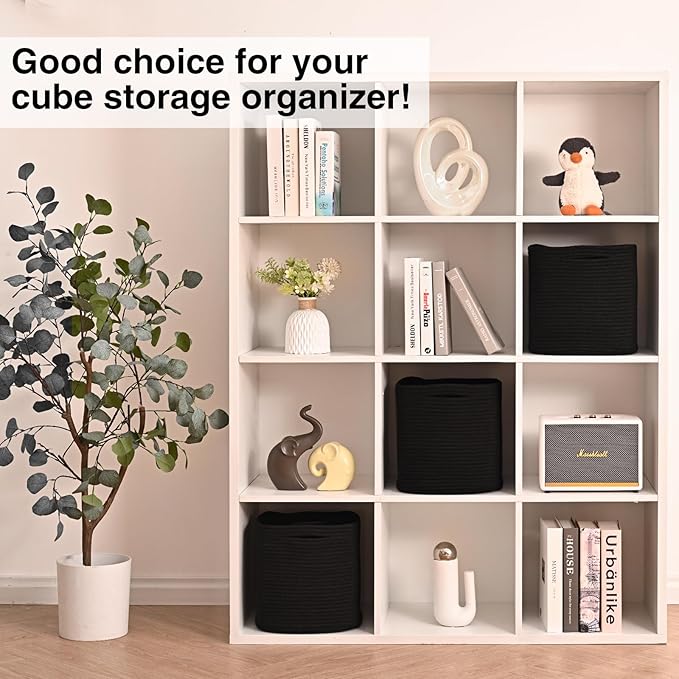 11 Inch Cube Storage Bins, 11x11 Cube Storage Bins for Cube Organizer, Square Cloth Storage Cubes, Black Woven Storage Baskets for Shelves, Toy Baskets Storage Kids, Black (Pack of 3)