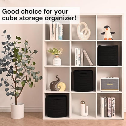 11 Inch Cube Storage Bins, 11x11 Cube Storage Bins for Cube Organizer, Square Cloth Storage Cubes, Black Woven Storage Baskets for Shelves, Toy Baskets Storage Kids, Black (Pack of 3)