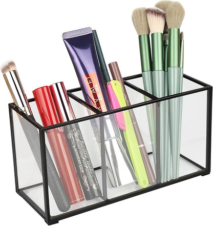 ELEGANTLIFE Clear Glass Makeup Brush Organizer,Luxurious Tempered Glass Cosmetics Brushes Storage Holder for Refined Bathroom Decor (Black, 3 Sections)