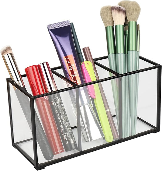 ELEGANTLIFE Clear Glass Makeup Brush Organizer,Luxurious Tempered Glass Cosmetics Brushes Storage Holder for Refined Bathroom Decor (Black, 3 Sections)