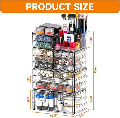 Cq acrylic Make Up Organizers for Vanity With 14 Drawers, 4 Pack Clear Drawer Organizers,Plastic Cute Desk Accessories Organization and Bathroom Organizers Storage Case Box Cube for Beauty,Skin Care