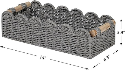 CubesLand Bathroom Basket Organizer, Toilet Tank Paper Storage Baskets 2-Pack, Scalloped Decorative Basket for Countertop w/Handle, Wicker Basket for Bathroom Decor, Home Decor, Living Room, Grey