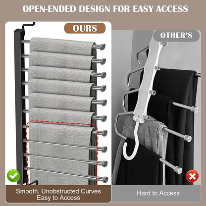 Pants Hangers Space Saving for Closet, 10-Tier Metal Jean Hangers Organizer, Collapsible Non-Slip Trouser Hangers, Magic Rotational Pant Rack for Display and Storage, College Dorm Essentials