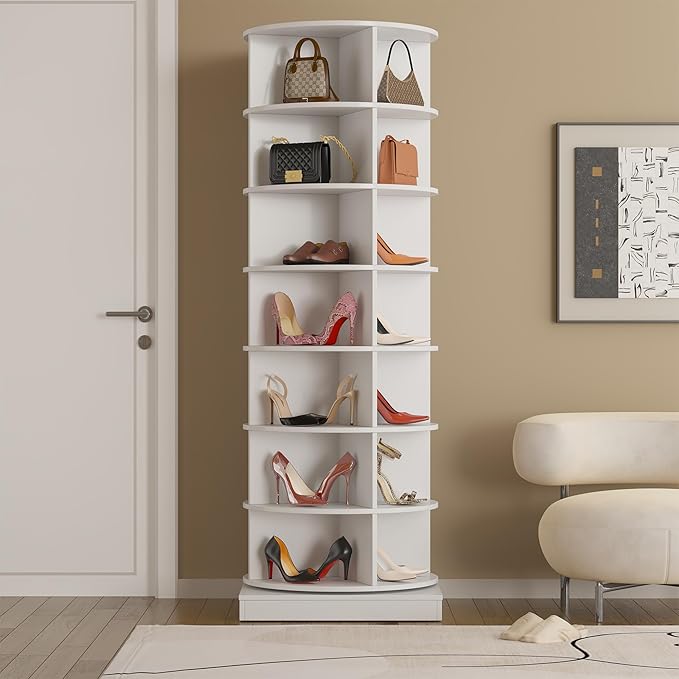 7-Tier Rotating Shoe Rack Tower, 360 Spinning Shoe Rack, Modern Free Standing Spinning Shoe Organizer, Rotating Lazy Susan Shoe Racks for Entryway Doorway, Holds Up to 28 Pairs of Shoes(White)