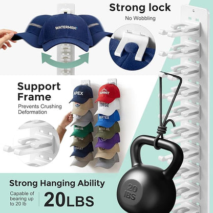 2 Pack Hat Organizer for Baseball Caps,Detachable DIY Hat Rack for Wall Hold Up to 22 Hats,Baseball Cap Organizer Cap Holder Hat Hangers for Wall Closet Door Bedroom(1A-White)