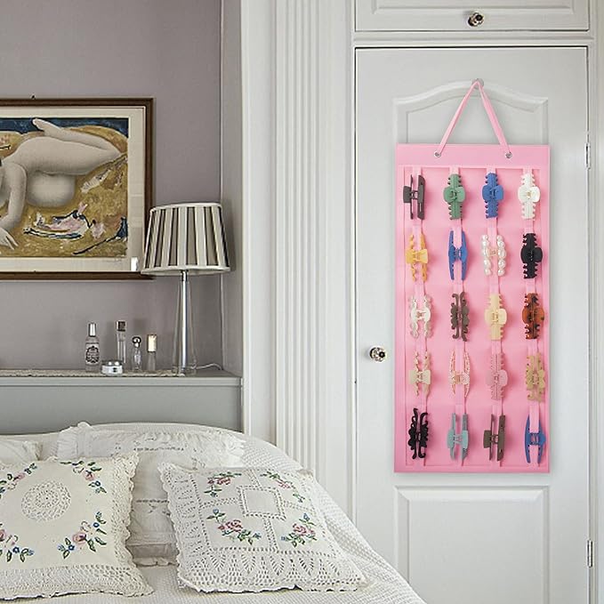 SMUK Hanging Hair Claw Clip Holder Organizer for Women Girls, Large Claw Clip Storage for Wall, Door, Pink Hair Accessories Organizer Display