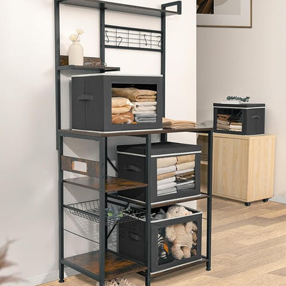 Homsorout Stackable Storage Bins with Lids - Large Storage Box with Lids, Foldable Closet Boxes for Organizing, Wardrobe Clothes Organizer with Window, Cubes Bins for Living Room, 4 Pack, Dark Grey