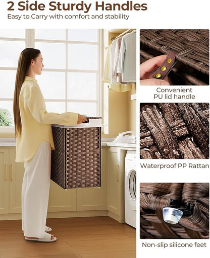 Greenstell Laundry Hamper with lid, No Install Needed, 130L Wicker Laundry Baskets Foldable 2 Removable Liner Bags, 2 Section Clothes Hamper Handwoven Rattan Laundry Basket with Handles, Brown
