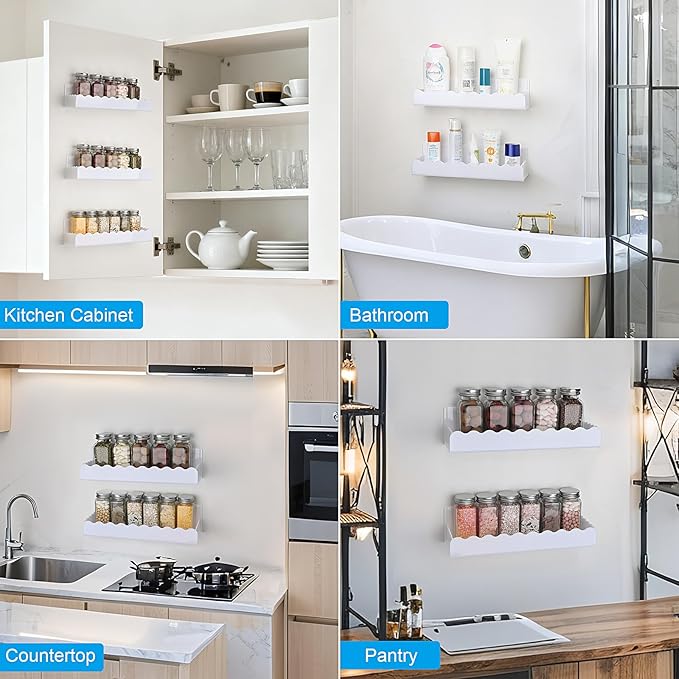 10 inch Spice Rack Wall Mounted,4 Pack Spice Organizer Shelf for Stove Cabinet Pantry Door, Adhesive or Screw Hanging Wall Spice Shelf Storage Holder in Kitchen and RV - White Color